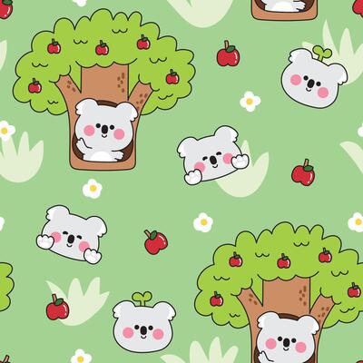 Seamless pattern of cute koala bear greeting in cavity apple tree background.Wild mammal animal character cartoon design.Jungle.Flower,grass,fruit.Kawaii.Illustration