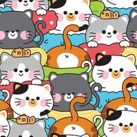 Repeat.Seamless pattern of cute cat in various poses stay in pet nest background.Meow.Pet animal character cartoon design.Kawaii.Illustration. vector