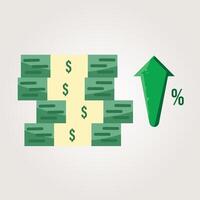 Increasing Stack of Dollar Bills with Growth Percentage Arrow vector
