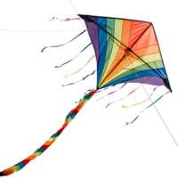 Fun and artistic kite with a kaleidoscope of patterns and rainbow colored ribbons capturing the essence of flying in the open air png