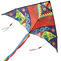 Dynamic kite with vibrant geometric patterns and colorful streamers soaring high above a symbol of outdoor fun and exploration png