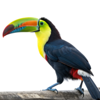 Portrait of a toucan bird, showcasing its vivid orange, yellow, and blue beak and sleek black feathers, perfectly framed with a Transparent background png