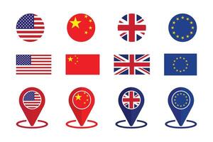 USA, China, UK and EU country flags with map pointer icons and round flags on white background. vector