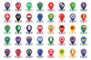 Map Pointer Markers Icons with National Flags 40 Countries Flags on white background. vector