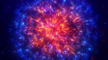 Abstract background with bright horizontal lines emitting rays of light and dust particles. Bright explosion of particles, firework of dots. Futuristic digital graphics video