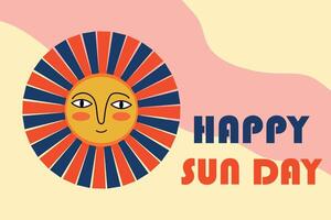 Sun Day holiday concept, greeting card. Boho sun with face and text on abstract background. illustration in retro style vector