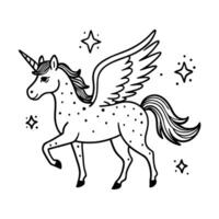 Whimsical pegasus, prancing unicorn with wings magical fantasy creature illustration, mystical stars vector