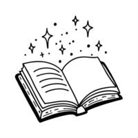 open magical book with stars and sparkles fantasy imagination concept, hand drawn illustration vector