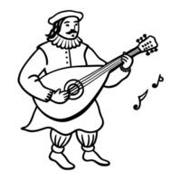 Medieval minstrel playing lute, historical musician illustration, black and white art vector