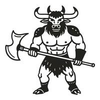 Minotaur warrior with axe mythical creature illustration, powerful beast with horns and muscular build vector