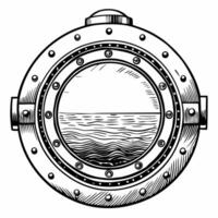 Nautical Porthole Sketch with Ocean View in Monochrome vector