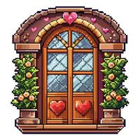 Charming pixel art window with heart decorations, romantic design, retro aesthetic, pixelated nature scene vector