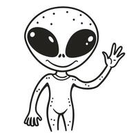 Cute alien character waving hello with friendly gesture, simple black and white vector