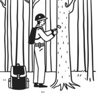 forester marking tree, conservation process worker in forest with backpack, sustainable management vector