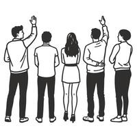 group of five diverse individuals raising hands, back view people discussing, engaging in meeting, decision making vector