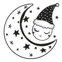sleeping moon illustration with stars and nightcap cute dreamy lunar design, celestial nighttime theme vector