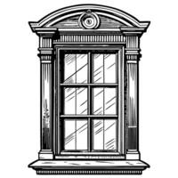Classic vintage arched window illustration with ornate frame, architectural details, intricate design, historical style vector