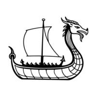 Viking longship with dragon head, black and white outline medieval seafaring vessel, norse mythology symbol vector