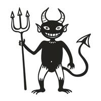 devil drawing with trident and horns mischievous mythical creature illustration in black and white vector