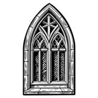 Intricate Gothic Window Illustration with Detailed Arch and Patterned Glass Elements in Black and White vector