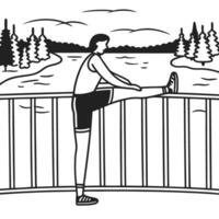 Woman stretching by lakeside railing in outdoor exercise routine, peaceful nature setting vector
