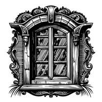 Ornate vintage window frame with intricate wood carvings, detailed classic architectural engraving illustration vector