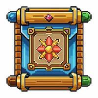 Pixel art magic scroll with decorative gems, fantasy game item, retro style, digital illustration, colorful design vector