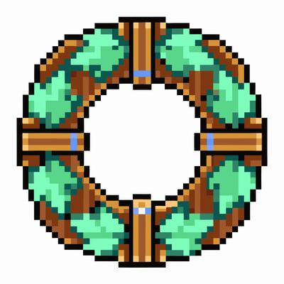 Pixel Art Wooden Shield with Green Gemstone Accents 8 Bit Style Illustration