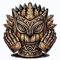 Ornate Tribal Owl Totem with Feathers and Hand Carvings in Rustic Style vector