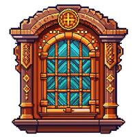 Ornate pixel art window design with decorative arches and vibrant colors, vintage style, digital illustration, architecture vector