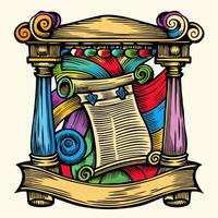 Vintage scroll with colorful swirls in ornate classical frame, retro art, decorative illustration, vibrant design vector
