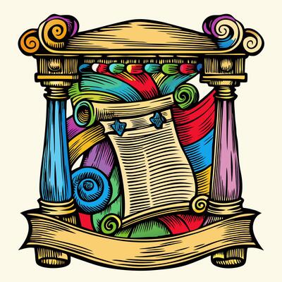 Vintage scroll with colorful swirls in ornate classical frame, retro art, decorative illustration, vibrant design