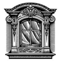 Vintage Ornate Architectural Window Design in Intricate Black and White Illustration, Timeless Elegance, Classic Detail, Historical Art vector