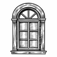 Vintage arched window frame, classic architecture illustration, black and white , retro design, heritage style vector