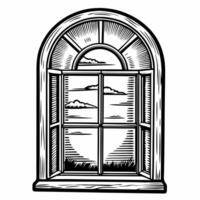 Arched window sketch with sky view, intricate line art, classic architectural illustration, vintage etching style vector