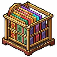 Pixel Art Bookshelf with Colorful Books in Wooden Rack vector