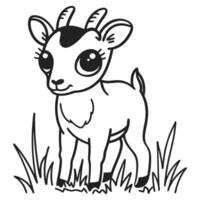 Cute goat in black and white outline, standing in grass, playful and whimsical, ideal for coloring pages and children's design vector