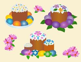 Appetizing Easter cakes decorated with white icing, colored sugar sprinkles and various decorative elements vector