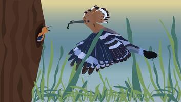 Illustration of a hoopoe flying to its nest in the forest vector