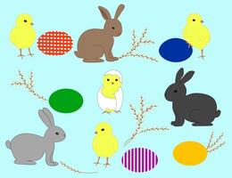 A cheerful Easter illustration with yellow chickens, rabbits of different colors, bright Easter eggs and willow branches on a blue background. vector
