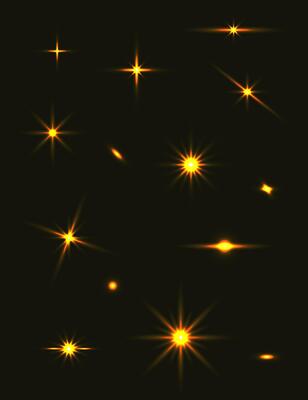 Set of various sparkles, candles, depicted on a black background