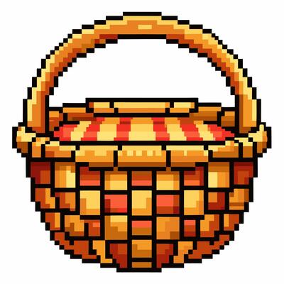 Pixel Art Picnic Basket Retro Woven Design with Checkered Cloth