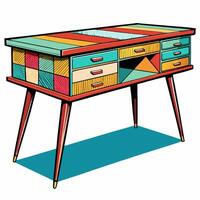 Colorful Retro Mid Century Modern Desk with Geometric Patterns vector