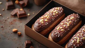 Three chocolate covered donuts in a box photo