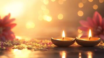 Diwali candles and flowers on the table photo