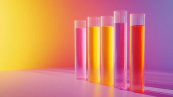 Colorful test tubes on a table with a rainbow background photo