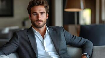 A man in a suit sitting on a couch photo