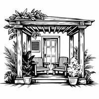 Charming Garden Porch with Wooden Chairs and Potted Plants in Black and White Art vector