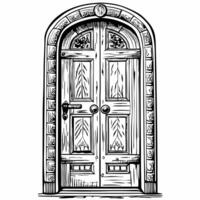 Vintage Wooden Doorway Illustration with Arched Frame and Detailed Panels vector