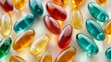 Many colorful fish oil capsules on a white surface photo